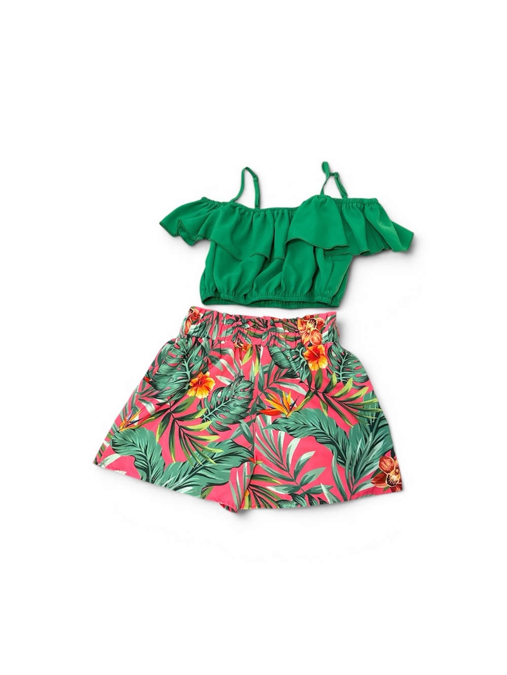 Kids’s Green Ruffle Crop Top with Tropical Leaf Print Shorts